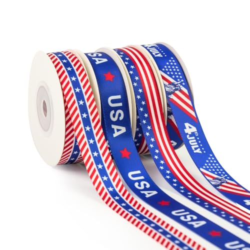 4 Rolls Of Red, White, And Blue Patriotic Checkered Satin Ribbon, 5/8 Inch Wide, Total Length 40 Yards (10 Yards Per Roll);Independence Day Striped Ribbon Suitable For Crafts,Gift Wrapping,Diy