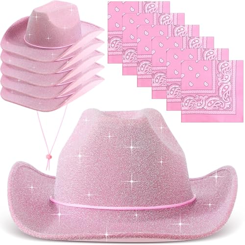 12 Pcs Sparkly Adults Cowboy Hat for Women Men Western Glitter Cowgirl Hats with Adjustable Drawstring Cowboy Party Bandana(Pink)