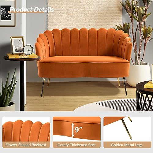Image of HULALA HOME Modern Velvet Loveseat Sofa with Flower Shaped Back, Comfy Upholstered 2-Seater Sofa with Gold Metal Legs, Small Love Seat Accent Couch for Living Bedroom Leisure Areas, Orange