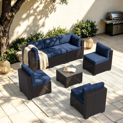 Image of 7 Piece Patio Furniture Set, Wicker Patio Conversation Sets, Outdoor Sectional Furniture with Tempered Glass Table, for Backyard, Deck, Garden, Dark Brown Rattan & Navy Blue Cushions