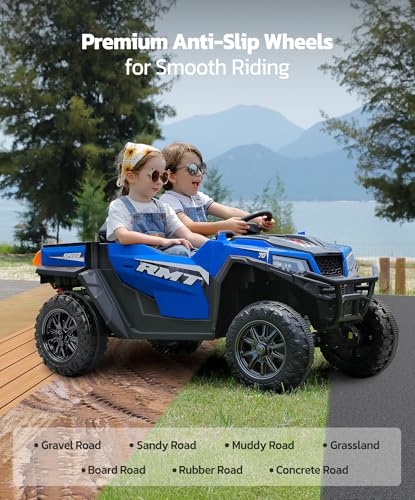 ELEMARA Ride On Dump Truck w/Dump Bed and Shovel, Ride on UTV 2 Seater w/Sun Shade, Max 4.0MPH & 150lbs,12V 10AH Kids Electric Vehicles, 2 Shock Absorbers, 3 Speeds, LED Lights, Bluetooth Music, Blue image 3