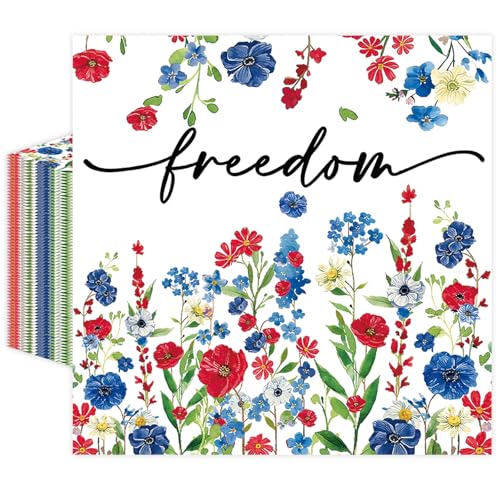 50 Pcs 4th of July Flower Paper Napkins 6.5 x 6.5 Inches Patriotic Theme Disposable Luncheon Dinner Party Napkins Cocktail Napkin for Memorial Independence Day Usa Party Decorations (Patriotic)