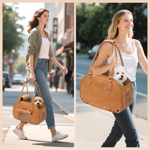 Image of Dog Carrier Purse, Pet Carrier, Foldable Waterproof Premium PU Leather Pet Travel Portable Bag Carrier for Cat and Small Dog Home & Outdoor Small Brown