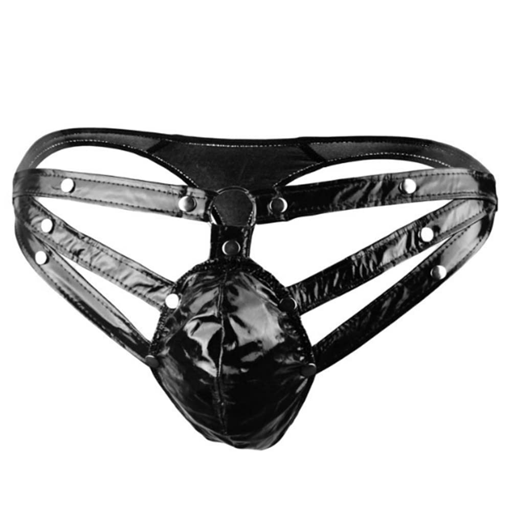 Xyffybhsd Men's Black Faux Leather Thong Sexy G String Low Rise T-Back Lingerie Clubwear(Size:one Size,Color:black)