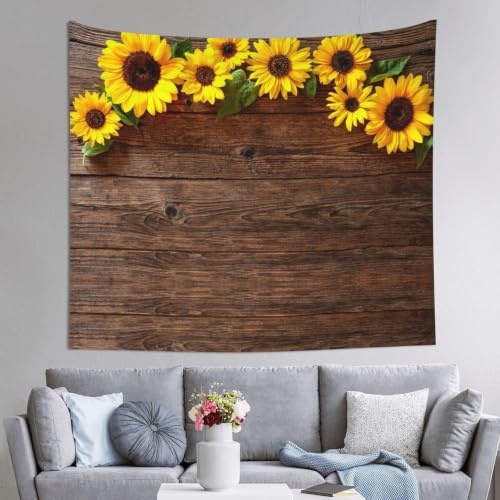 Tenture murale vintage en bois avec tournesol 240x220 cm en tissu grand format pour salon