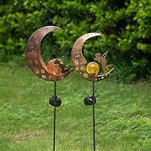 Teresas collections 2pcs fairy moon lights solar for garden decor outside metal yard art lawn ornaments with crackle glass ball angel decorative stake for patio porch decor gifts for grandma mom  urban country home decor