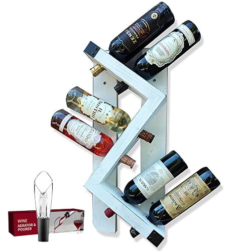Scandic Decor Wine Rack Wall Mountedâ€“ Rustic Wood Vintage Wall Wine Rack for 6 Bottles with Wine Aerator Pourer Spout- Modern Farmhouse Decor, Home & Kitchen Decor - Great Gift for Wine (RUSTIC WHITE)