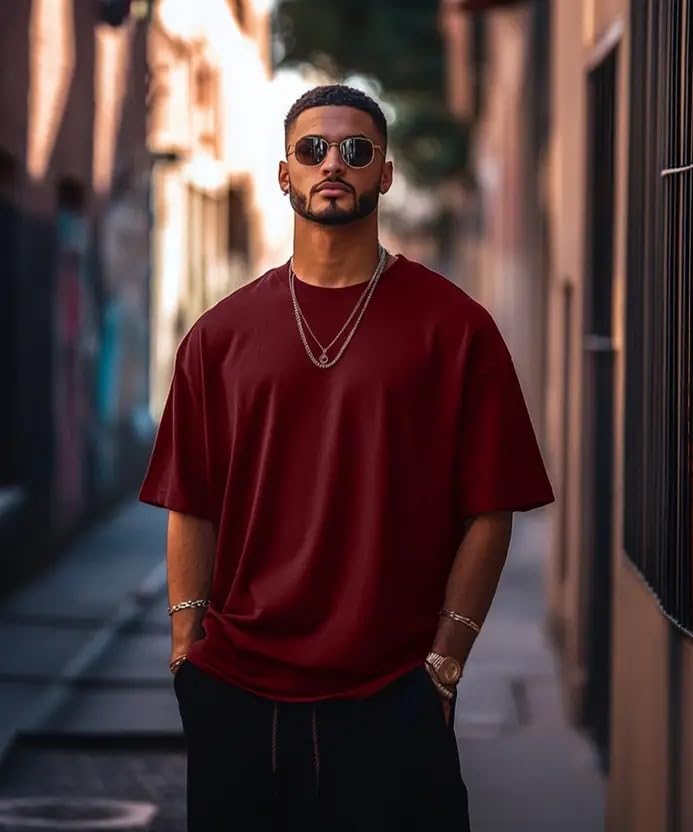 Image of Veirdo Oversized Baggy Fit Drop Shoulder Half Sleeves Round Neck Solid Pure 100% Cotton T-Shirt for Men (Available in White, Black, Mustard, Maroon, Green, Lilac, Navy, Red Color)