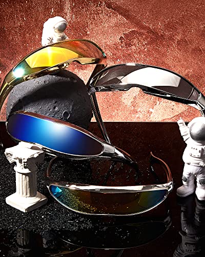 Image of 4 Pairs Futuristic Narrow Cyclops Sunglasses Robot Space Costume Color Mirrored Lens