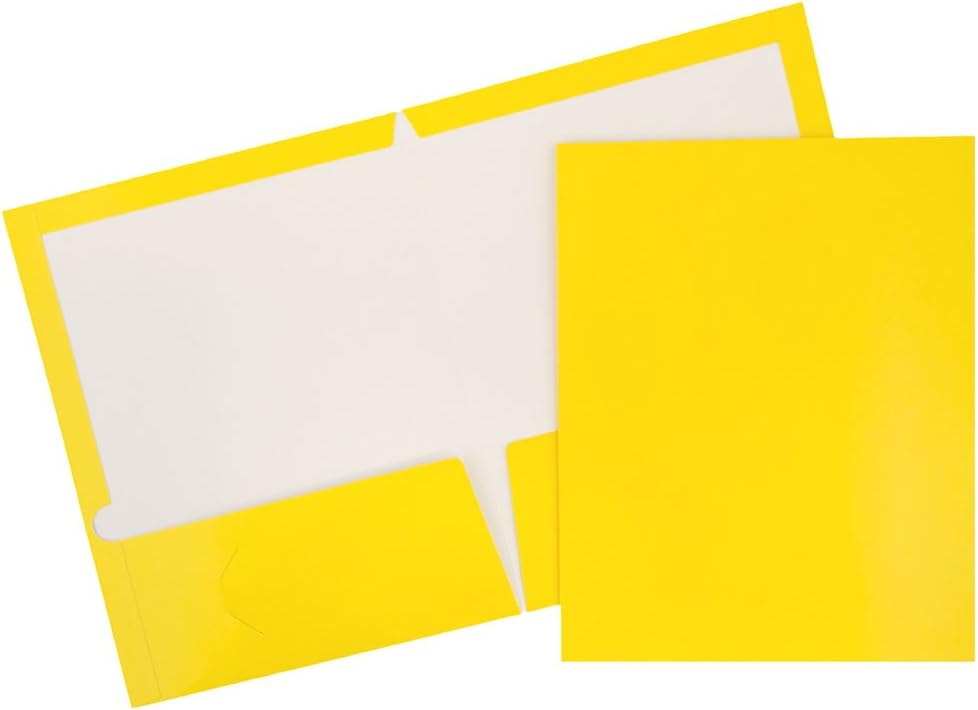 JAM PAPER Laminated Two Pocket Glossy School Folders - Letter Size - High Gloss Yellow - Bulk 100/Box