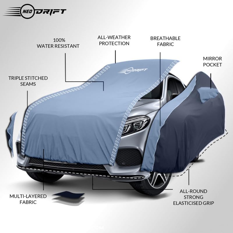 Image of NEODRIFT 'SuperTech' Car Cover for Tata Tigor (100% Water-Resistant, All Weather Protection, Tailored Fit, Multi-Layered & Breathable Fabric) (Colour: L.Blue+Black)