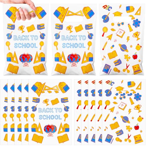 Fuutreo 100 Pcs Welcome Back to School Party Favor Bags Pencil Plastic Gift Treat Candy Goody bags bulk with Handles for 100 Day of School Birthday Party Favor Supplies Decor Classroom Gifts Wrap