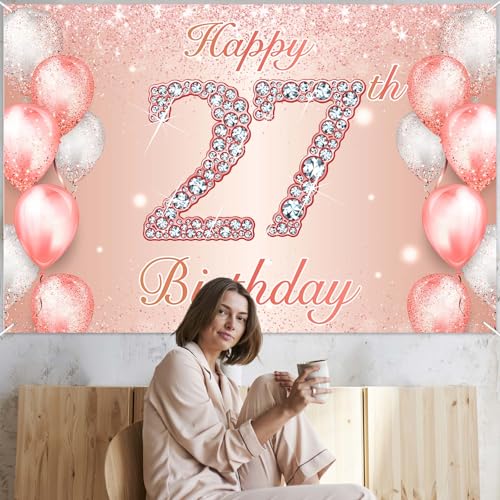 Image of Happy 27th Birthday Rose Gold Banner Cheers to 27 Years Old Backdrop Confetti Balloons Theme Decor for Women 27 Years Old Pink Birthday Party Decorations Bday Supplies Background Favors Gift Glitter