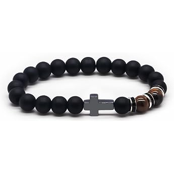 Kreuz Armband Herren Tigerauge Perlenarmband Naturstein Schwarz
