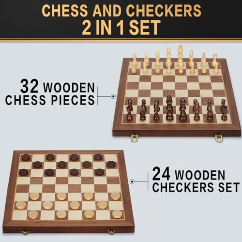 2 in 1 Magnetic Chess Set & Checkers Board Recreation, 15" Wood Folding Chess Board with 2 Additional Queens, Transportable Journey Chess Set with Items Storage Slots, Newbie Chess Board Recreation for Adults & Youngsters - Image 3