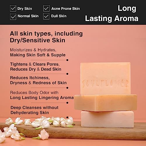 Image of Soulflower Jasmine Handmade Soap Bar - 100% Natural, Cold-Processed | Deep Cleansing & Moisturising for Glowing Skin | Jasmine Essential Oil + Coconut, Olive & Castor Oils | 150g