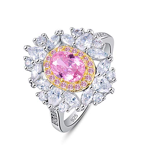 Emsione 925 Sterling Silver Plated Created Pink Topaz Oval Cut Halo Flower Cluster Cocktail Party Rings Eternity Bands for Women Size 7