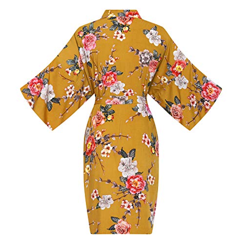 Alhavone Womens Solid Robes Mid-Length Floral Kimono Robe For Bride Bridesmaid Wedding Bridal Party Lounge Sleepwear (Yellow) #TOP1