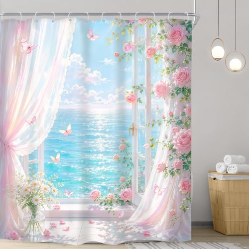 Image of Riyidecor Pink Ocean Floral Shower Curtain 72Wx78H Inch Long Coastal Beach Sunset Scenery Summer Roses Botanical Butterfly Beachside Aesthetic Bathroom Decor Fabric Polyester Waterproof 12 Pack Hooks