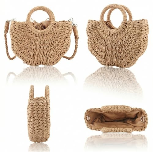 Image of Rattan Handmade Straw Tote Handbag Beach Shoulder Bag Summer Beach Rattan Bag Straw Bag
