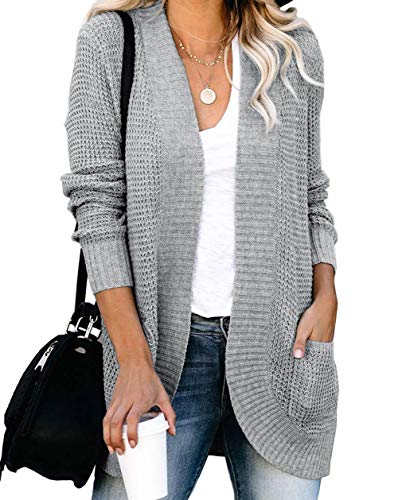 ZESICA Women's Long Sleeve Open Front Casual Lightweight Soft Knit Cardigan Sweater Outerwear,Grey,Large