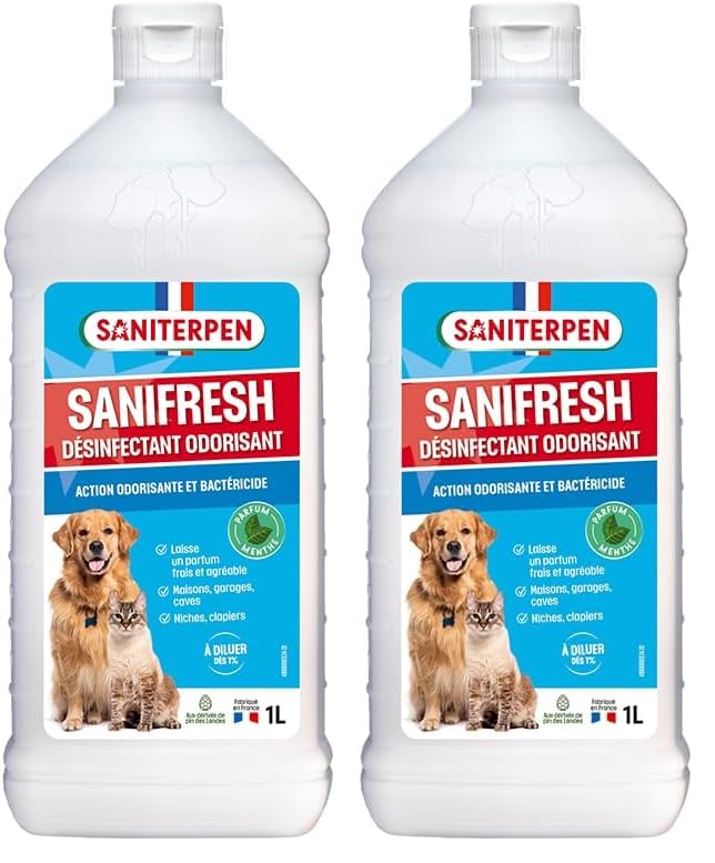 SANITERPEN - Désinfectant Parfumant SaniFresh - Spécial Animaux de Compagnie Multi-surfaces - Produit Tout Type de Sols - Parfum Mentholé - Fabrication Française - Flacon 1 L (Lot de 2)