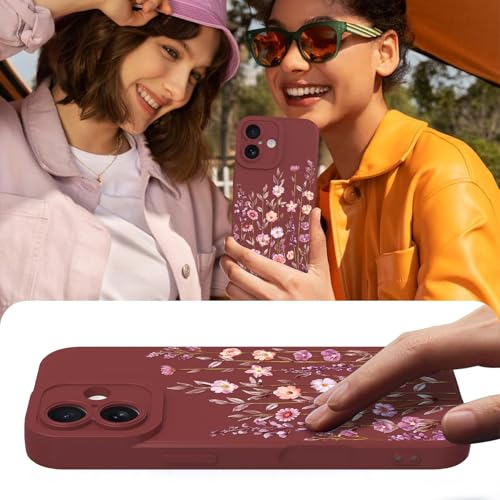 Image of Designed for iPhone 17 Case Flower for Women Girls, Wine Red | Cute Floral Pattern Liquid Silicone Phone Case [Full Camera Protection] Slim Soft TPU Protective Cover