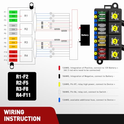 Image of Nilight 12V Fuse Relay Box 4 Relays 4pin 40A 12 Fuses Pre-Wired Block Kit