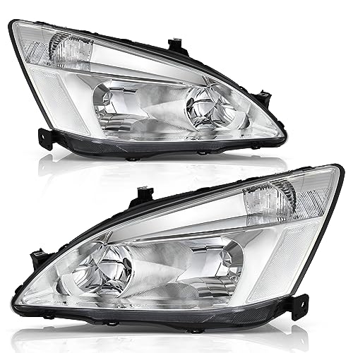 Image of oEdRo Headlight Assembly Compatible with 2003 2004 2005 2006 2007 Accord OE Headlamp Replacement Chrome Housing Clear Reflectors Clear Lens