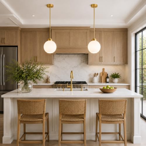 Image of 2 Pack Gold Globe Pendant Lights, Mid Century Gold Pendant Light Fixtures, Globe Pendant Lights Kitchen Island with Milk Glass Shade Adjustable Hanging Fixture for Dining Room (Bulbs not Included)