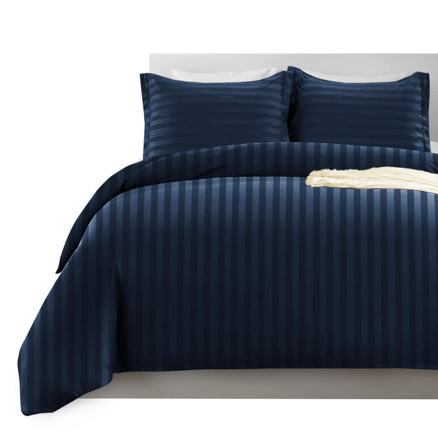 Imperial Rooms Double Duvet Set Reversible Stripes Satin Bedding Set including Pillowcases Breathable Microfiber Duvet Cover (Navy 200x200 Cm)