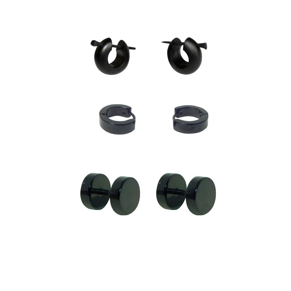 Generica 6 pendientes hombre negros, 2 aros y 2 dilataciones falsas acero inoxidable mas 2 pendientes madera