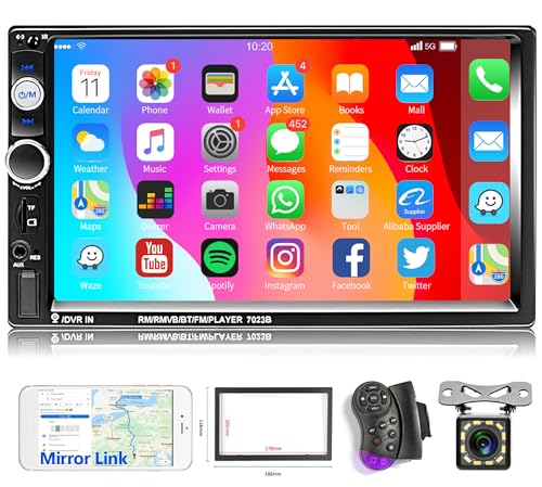 Hodozzy Double Din Car Stereo 7-Inch Touch Screen Car Radio with Bluetooth Indash 2 Din Car Audio Head Unit Support Mirror Link for Android/iOS USB TF AUX FM MP5 Multimedia Player + Backup Camera