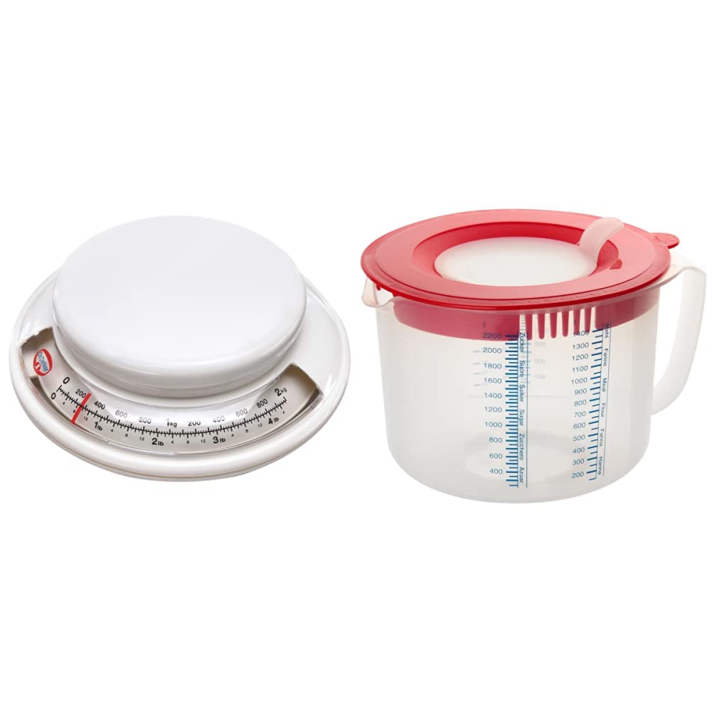 Dr. Oetker 1531 Backwaage Ø 17 cm, analoge Haushaltswaage (Farbe: weiß) & Mess- und Rührbecher 2,2 L, Messbecher mit unterschiedlichen Messskalen (Farbe: Rot/Transparent), Menge: 1 Stück