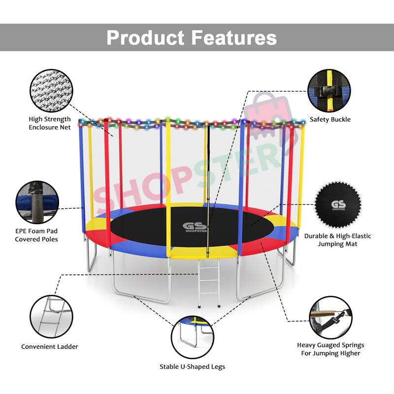 Image of Shopster Festive Edition 16 feet Heavy-Duty Jumping Trampoline for Adults & Kids with Safety Net, Remote-Control Waterproof LED Lights - Perfect for Indoor & Outdoor, Bouncer, Supports Upto 300kg