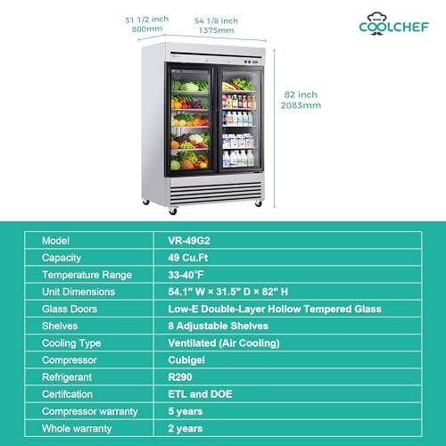 Image of COOLCHEF 54 inch Commercial Glass Door Refrigerator, 49 Cu.Ft Double-Door Reach-In Cooler, 33-40℉, Double-Layer Low-E Glass, 8 Shelves, R290