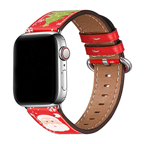 WFEAGL Compatible with Apple Watch Band 38mm 40mm 41mm, Top Grain Leather Bands for iWatch SE &Series 7, Series 6,Series 5,Series 4,Series 3,Series 2,Series 1 (Red Christmas Band+Silver Connector)