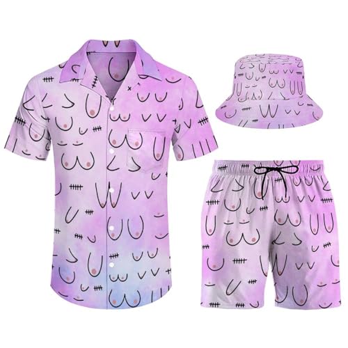 Adugen Origei Men's Pomeranians Pattern Button-Up Shirt Hawaiian Shirt Party Beach Suit Fisherman's Hat