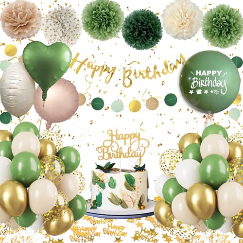 Decoration Anniversaire Vert, Déco Anniversaire Filles Femmes avec Ballons Anniversaire Verts Sauge, Pompons en Papier pour Décoration Anniversaire Garçons Bébés...