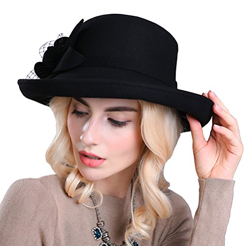 Maitose Women's Wide Brim Wool Felt Bowler Hat Black