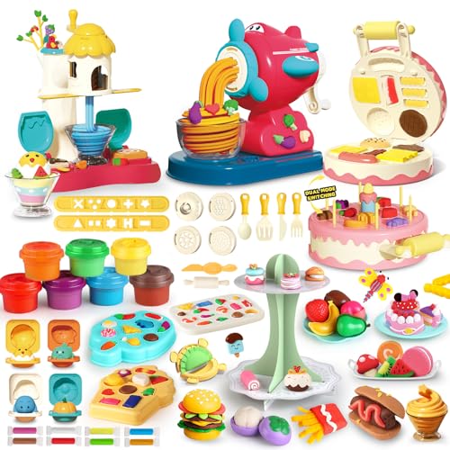 Kaelinda 4 in 1 Playdough Sets for Kids Ages 2-4 4-8 3-5, Playdough Toys with Playdough Ice Cream Set, 2 in1 Cake & Hamburger Maker, Noodle Maker & Play Dough Kitchen Kits for Boys Girls Gifts