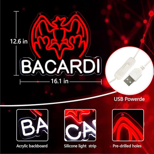 Image of AHlove Bacardi Rum neon commercial sign for bar wall decor，USB Powered Decorative Bar Open Sign for Home Bar Store Party Decor，Neon Lights for Man Cave