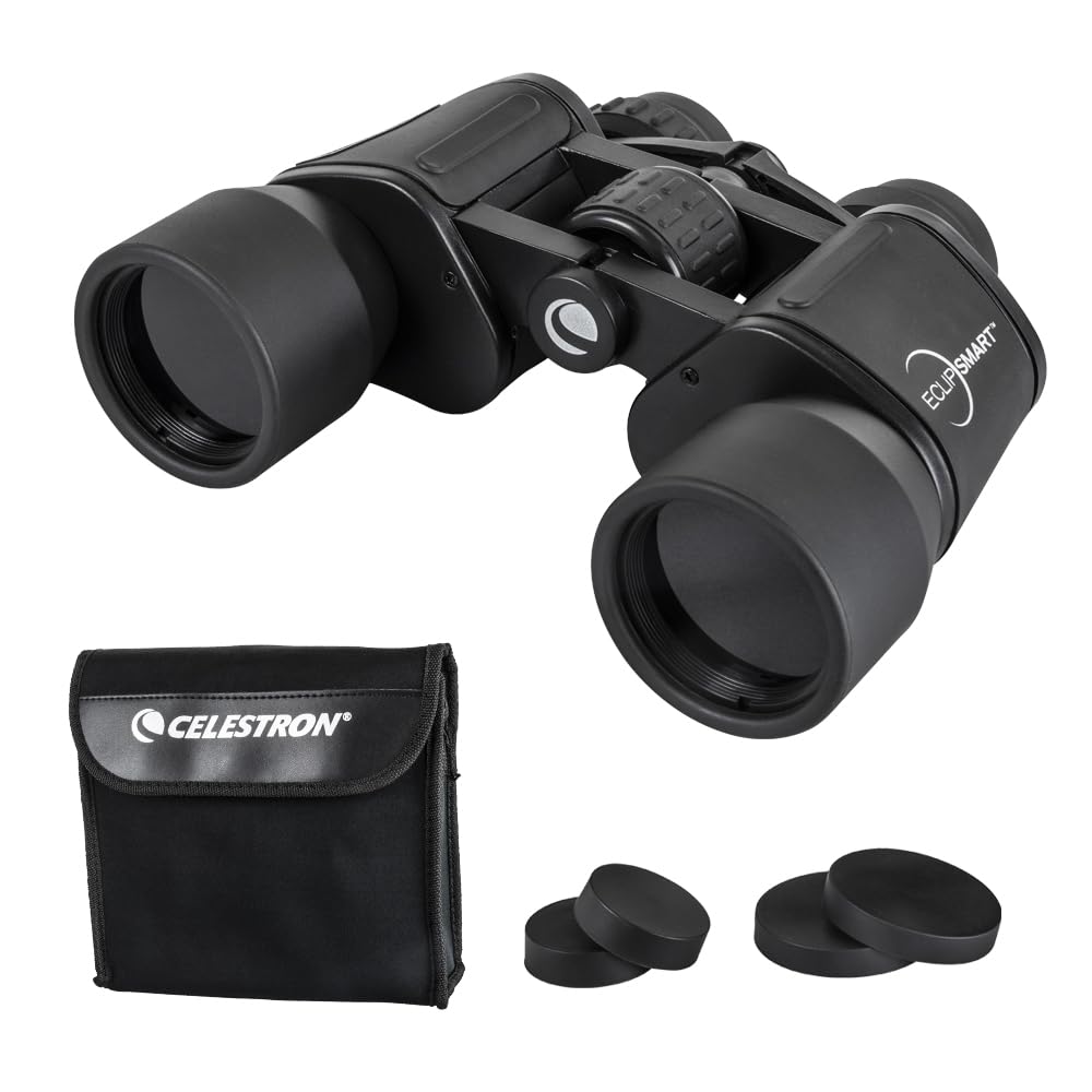 Celestron 71238 EclipSmart, prismáticos solares Porro 10x42 - según Norma ISO 12312-2, Superficie sujeción Goma, óptica Revestimiento Multicapa, Prisma BK7, Correa para Cuello y Estuche Ligero, Negro