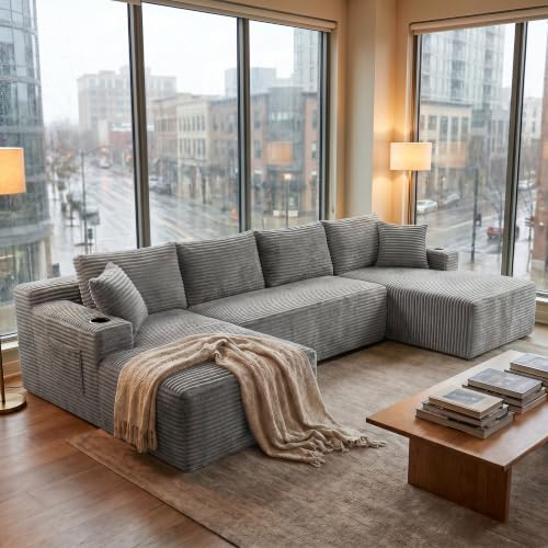 Image of 125 Inch Modular Sectional Sofa, Cloud Couch Oversized U Shaped Corduroy Sofa with Storage & Cupholders, Modern Deep Seat Boneless Couches for Living Room, No Assembly Required, Light Grey