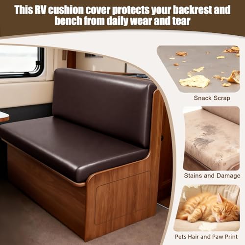 Image of SearchI PU Leather RV Dinette Cushion Covers, Stretch Camper Cushion Slipcovers for Travel Trailer Couch RV Booth Seat, Replacement Camper Sofa Chair Protector(1 Backrest Cover & 1 Bench Cover, Brown)