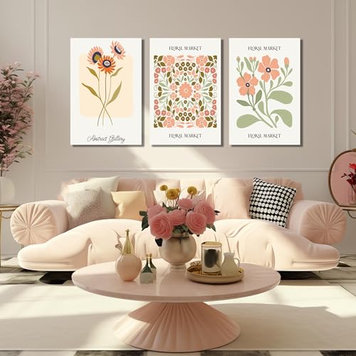Image of SKYRISE 3 PCS Boho Floral Canvas Wall Art, Rustic Botanical Canvas Paintings Prints ArtWork for Living Room, Vintage Flower Pictures for Farmhouse Dining Room Hallway Bedroom Wall Decor 24 inchx36 inch