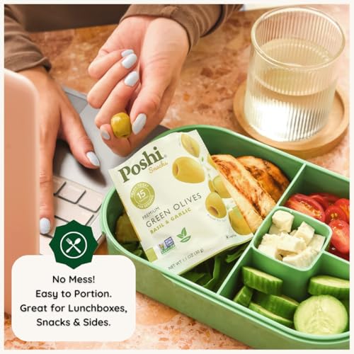 Image of Poshi Green Olives On-The-Go - Original Flavor - Single Serve Pitted Olives - Convenient and Healthy Snack Packs - All Natural, Non-GMO, Kosher, Gluten-Free (Variety, 33 Ounce (Pack of 30))