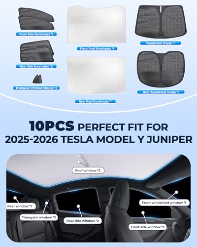 Image of 10 Pack Roof Sunshade & Full Window Shades [with Secure Suction Cups] for 2025-2026 Tesla Model Y Juniper, Sunroof Windshield Side Window Rear Covers, Heat-Blocking Privacy Shades for Camping
