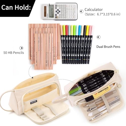 Image of EASTHILL Pencil Case Large Capacity Pencil Pouch School Suppies Pen Case Stationery College Office Organizer for Girls Adults-Cream