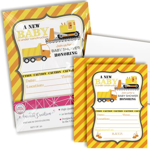 Baby Under Construction for a Boy Sprinkle Baby Shower Invitations, 20 5x7 Fill In Cards with Twenty White Envelopes by AmandaCreation